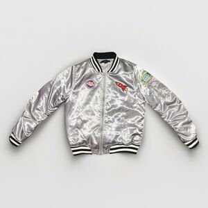 Forever 21 Cosmic Space Silver Metallic Bomber Jacket “Space Babe” Size L Y2K